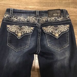 Women’s Grace of L.A Dark Wash Distressed Embellished Bootcut Jeans waist 28